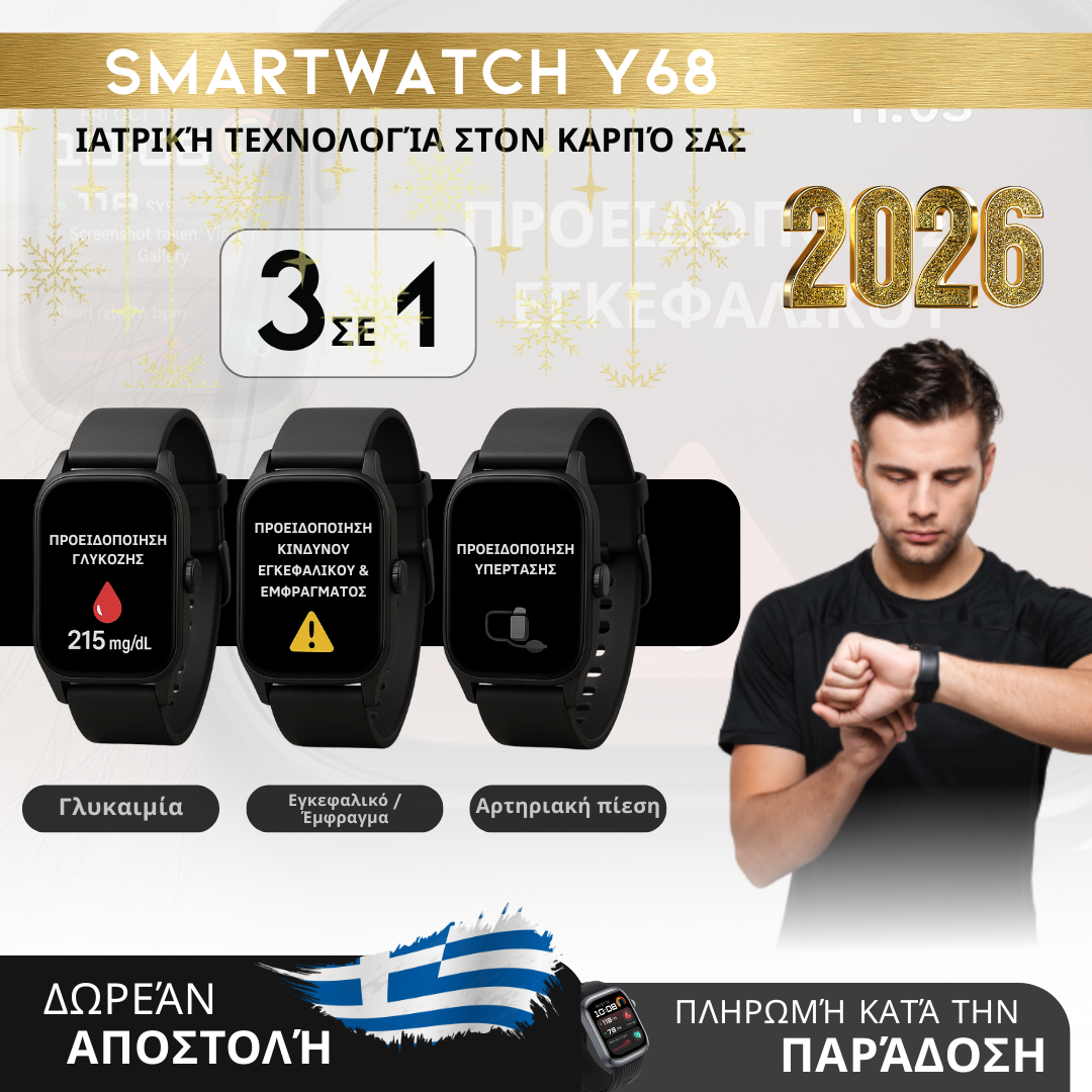 Προσφορά Πρωτοχρονιάς: SmartWatch Y68 - Ιατρικός Παρακολουθητής 3 σε 1 (Γλυκόζη, Πίεση, Κίνδυνος Εγκεφαλικού) | Μενού στα Ελληνικά